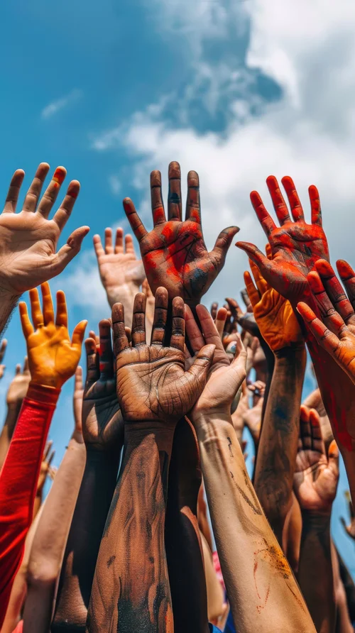 Mãos erguidas representando diversidade e união